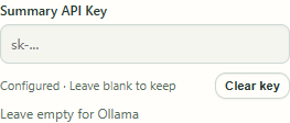 A saved key leaves the password field blank. Use “Clear key” to remove it.