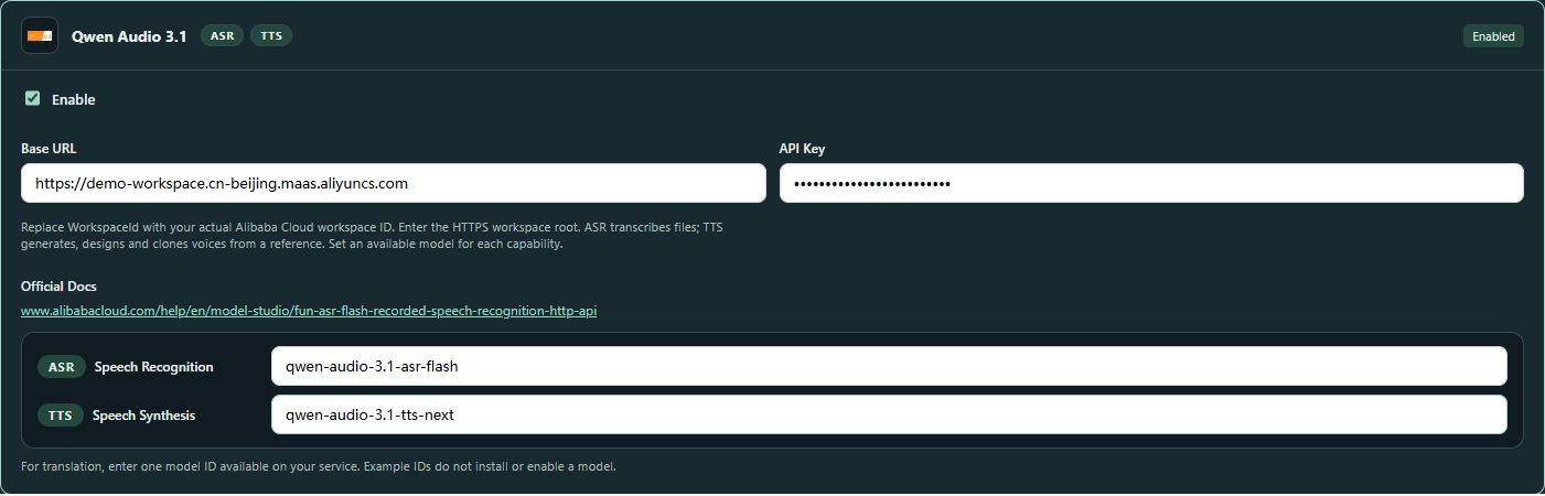 Enlarge screenshot · Qwen cloud service setup