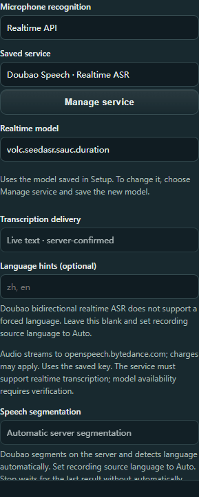Recording settings selecting Doubao Speech with Automatic source language and empty hints