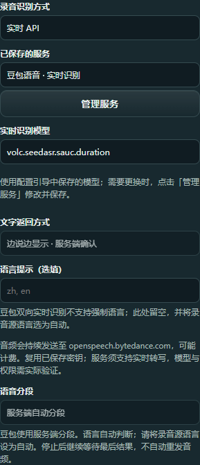 录音设置选择豆包语音实时 API，并提示源语言自动、语言提示留空