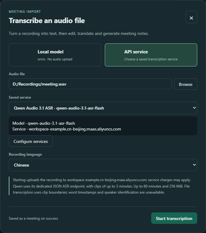 File transcription dialog with a saved Qwen service selected