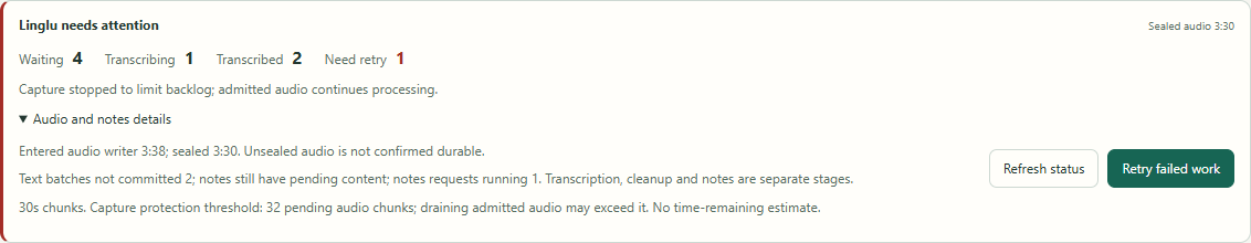 Linglu background progress with sealed duration, four audio counts, backlog reason and expanded details