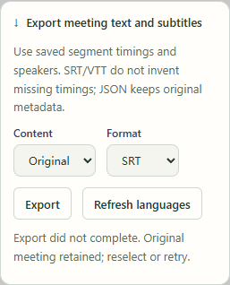 Meeting export · Language and file format