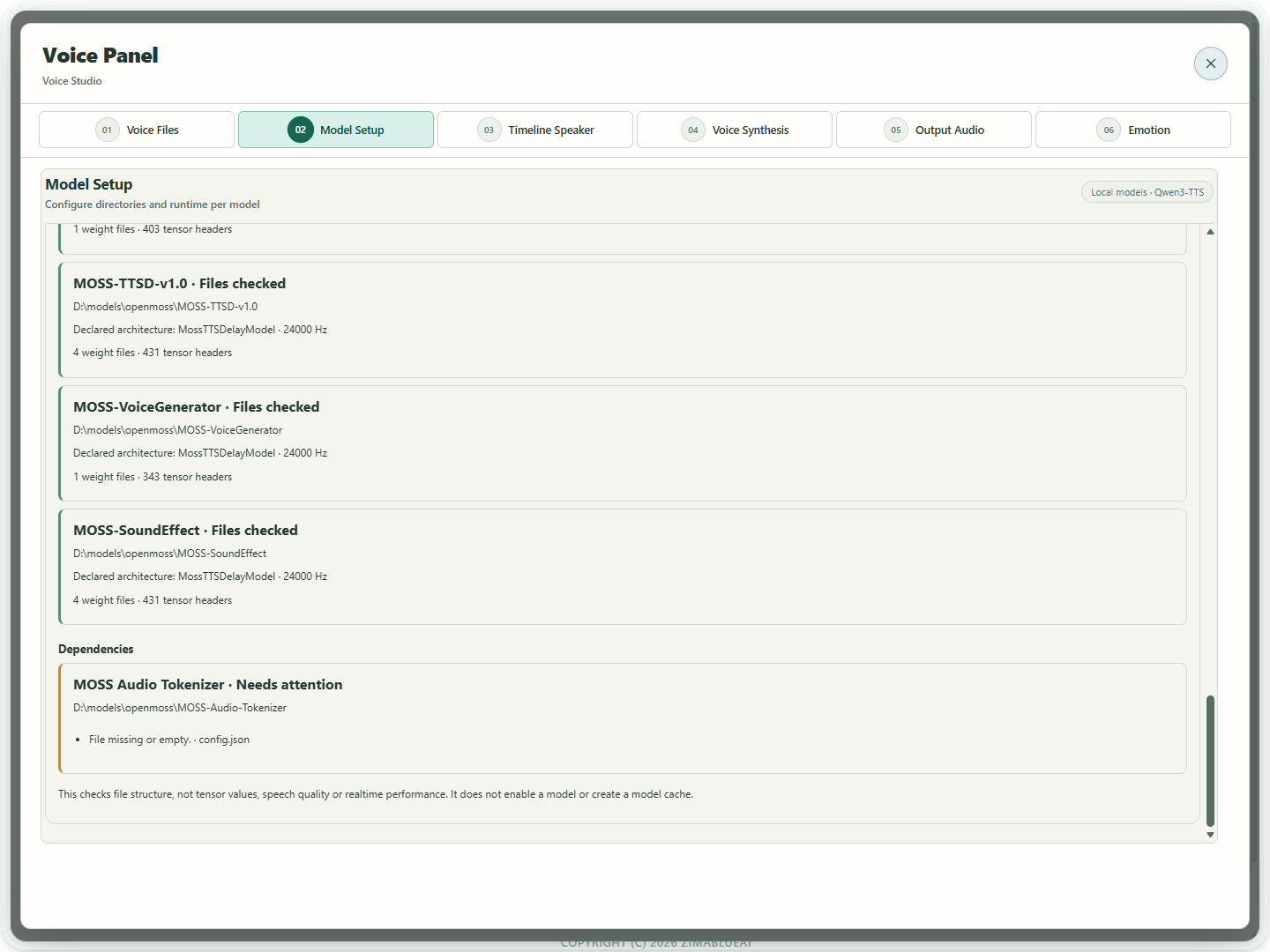 MOSS · Review missing codec dependencies; inspection does not enable a model