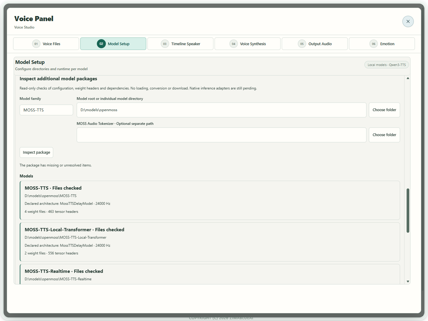 MOSS · Select model and codec directories, then inspect