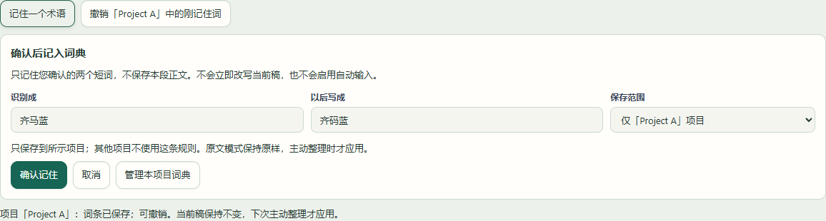 项目专属词典，确认后仅在本项目整理时使用