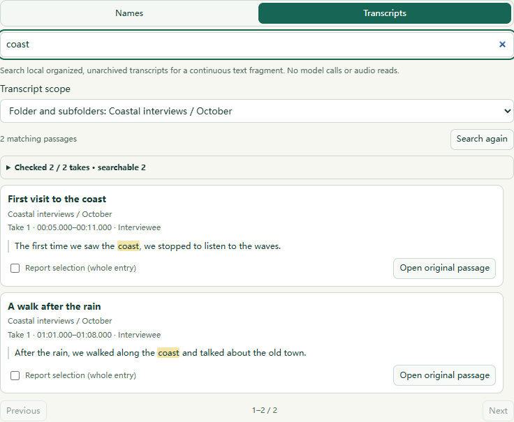 Project library transcript search showing scope, checked takes, highlighted matches, source times and Open original passage