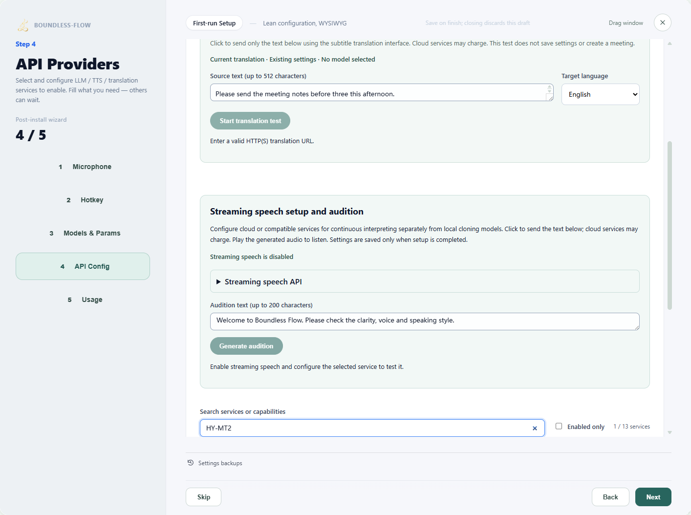 API settings · Find and expand a service card