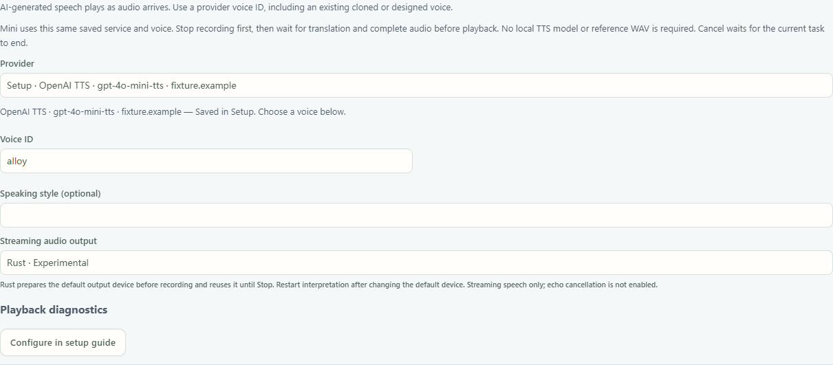 Select the OpenAI TTS connection saved in Setup and its voice ID in the translation studio