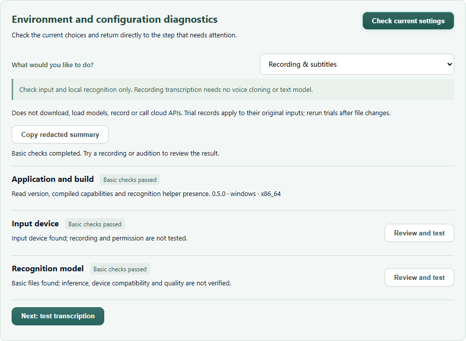 Task-based checks in the real setup wizard: recording uses three checks and offers an explicit transcription trial.