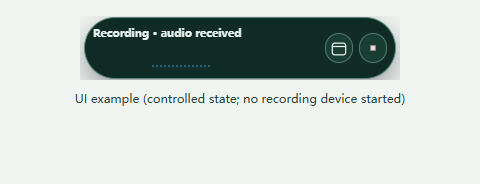 Floating transcription shows Recording and audio received, with Home and Stop visible