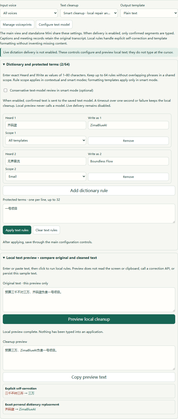 Local text cleanup settings and preview