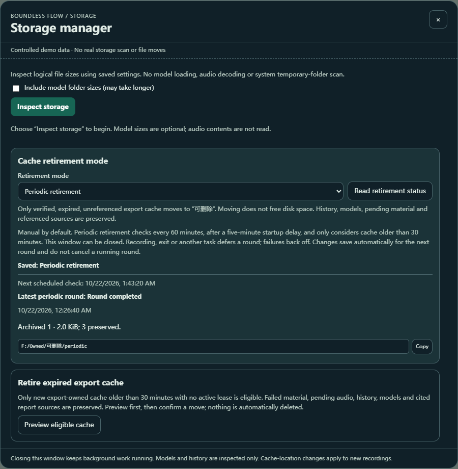 Storage manager: mode, status and latest round with controlled demo data