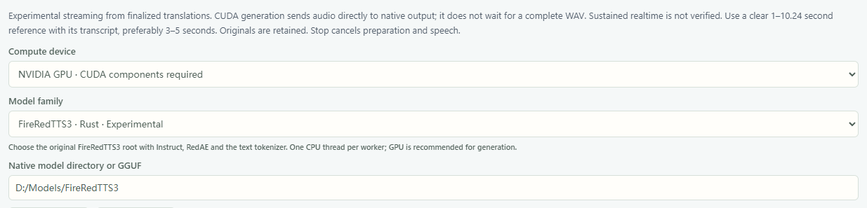 Earlier FireRed setup · CUDA is an older setting; select CPU in the current Windows package; no model or audio started