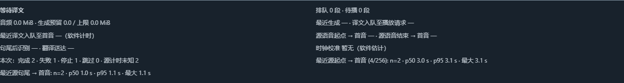 同传运行统计 · 图中计时为受控演示，非真实模型或设备测速