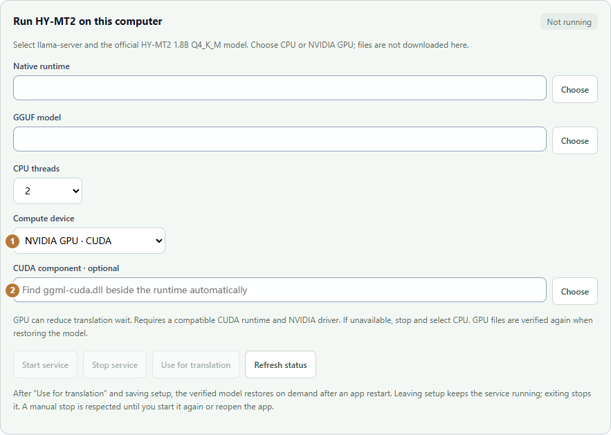 Local translation · Compute device and optional CUDA component (service not started)