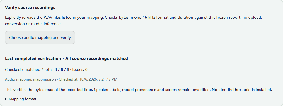 Source-audio verification · Counts, matches and issues