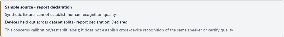 Sample source card identifies a synthetic fixture and a device-split declaration