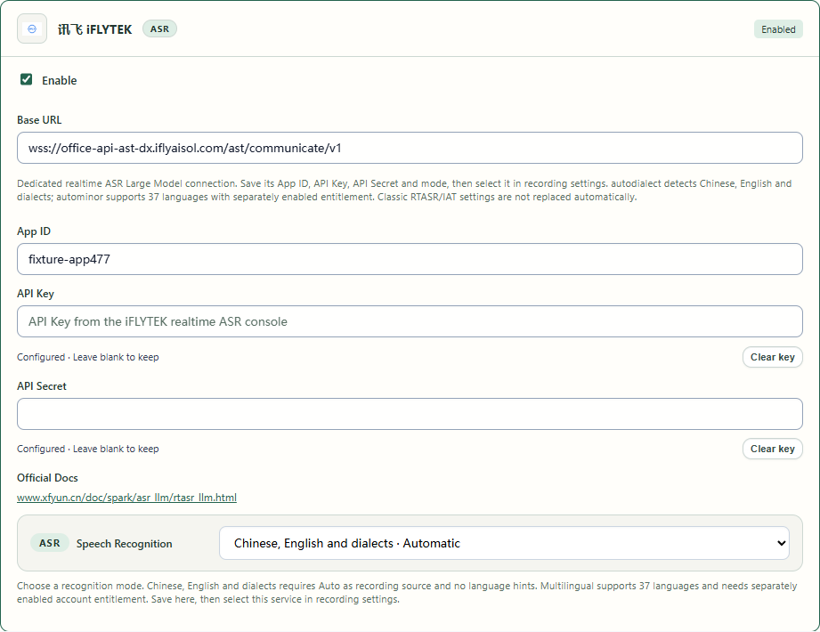 Save the three authentication fields and select a mode